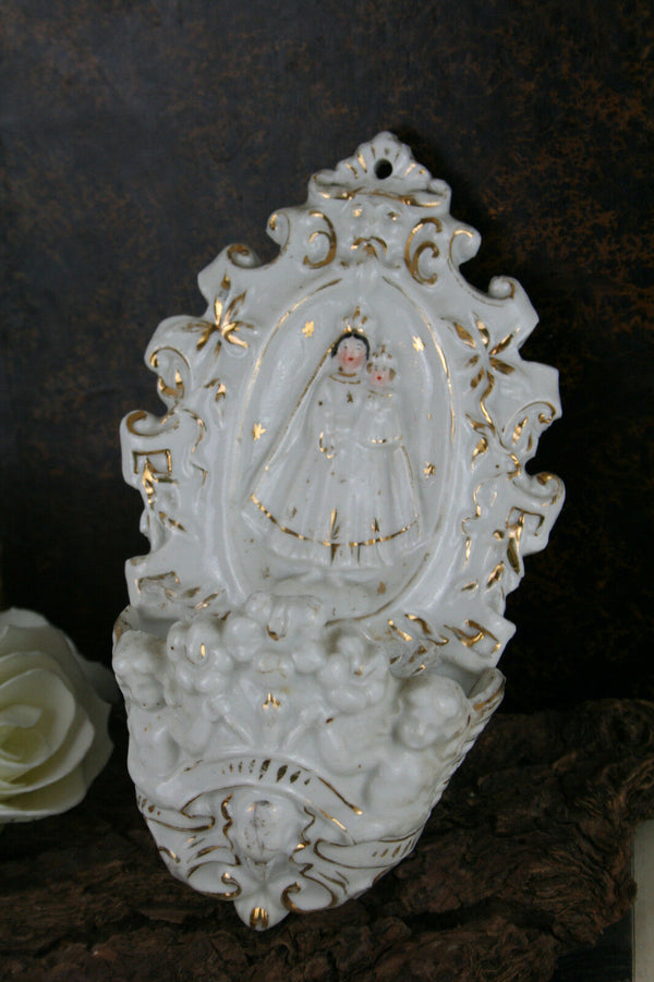Antique french Vieux old paris Madonna holy water font Gold linings gorgeous