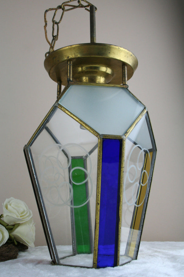 ART DECO french 1930 coloured leaded glass chandelier lantern hexagonal