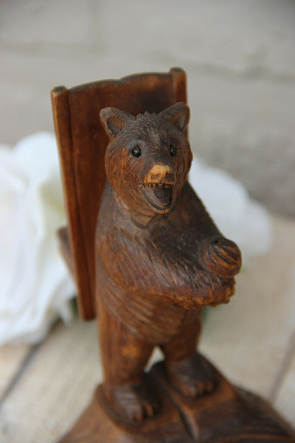 Antique hand Black forest wood carved swiss bear statue ashtray match holder