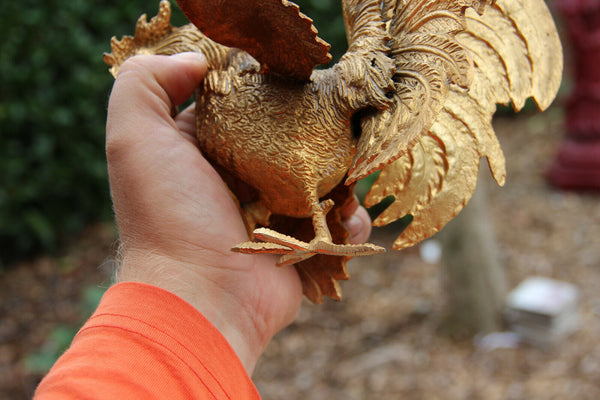 PAIR French metal gold gilt Fighting rooster figurines statues 1960