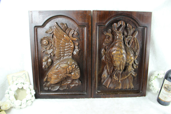 PAIR antique Black Forest wood carved hunting cabinet door panels bird no1