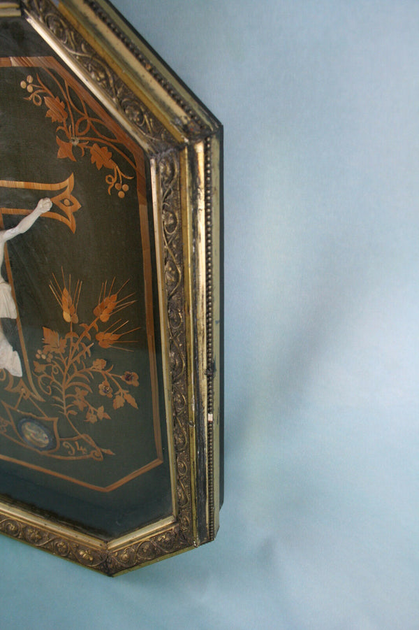 Antique 19th religious Crucifix framed with relic religious