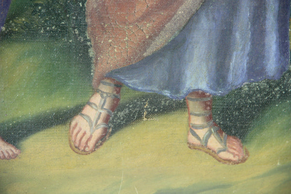 Antique Religious oil canvas painting jesus child joseph angels putti