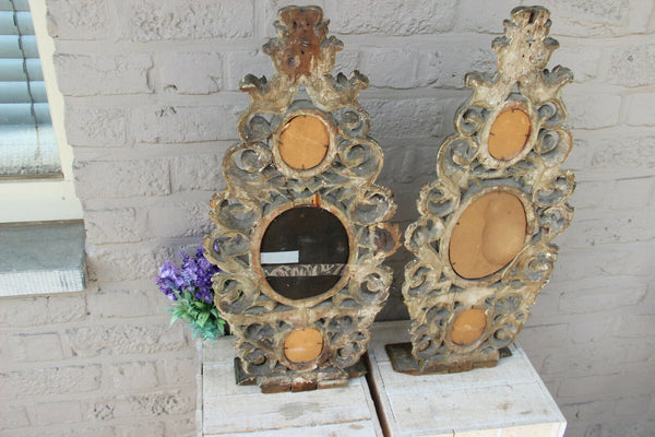 Rare PAIR church antique 18thc wood carved religious plaques panel 3 paintings