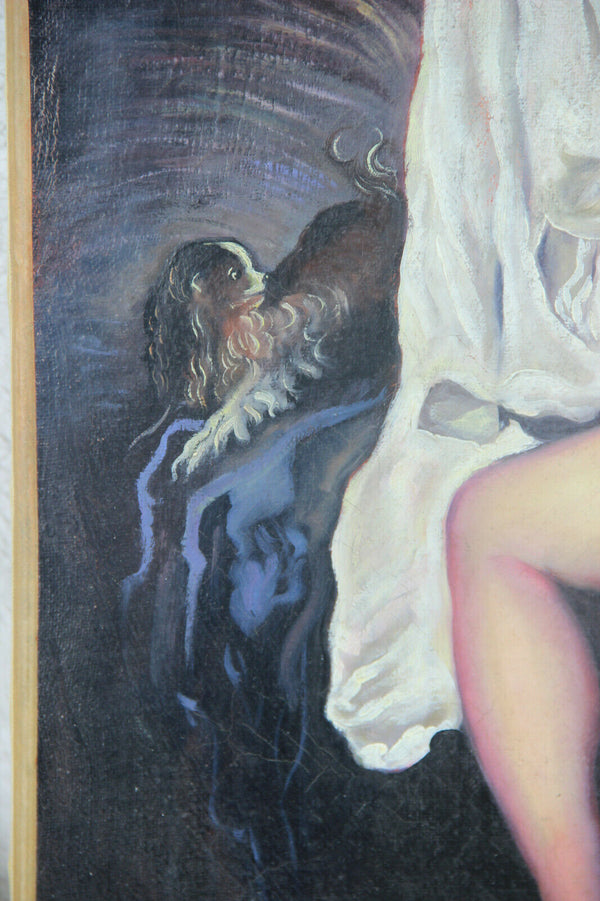 Vintage French oil canvas painting nude lady dog aristocratic