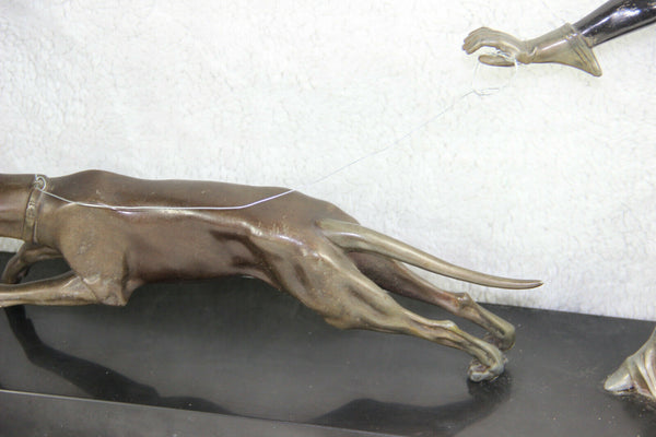 XXL French ART DECO 1930 spelter bronze lady dog on leash marble base