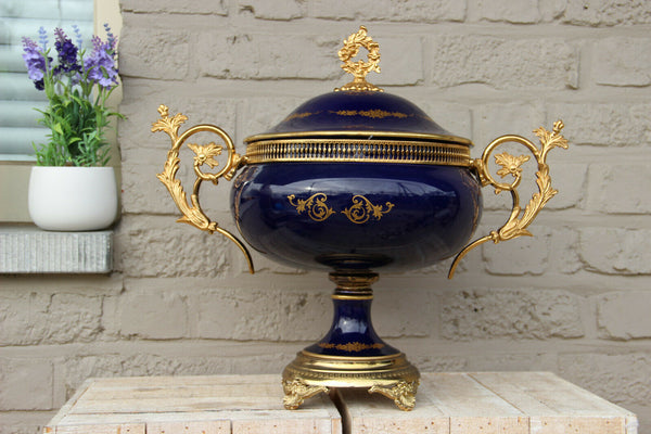 Huge french vintage cobalt blue Limoges porcelain centerpiece bowl