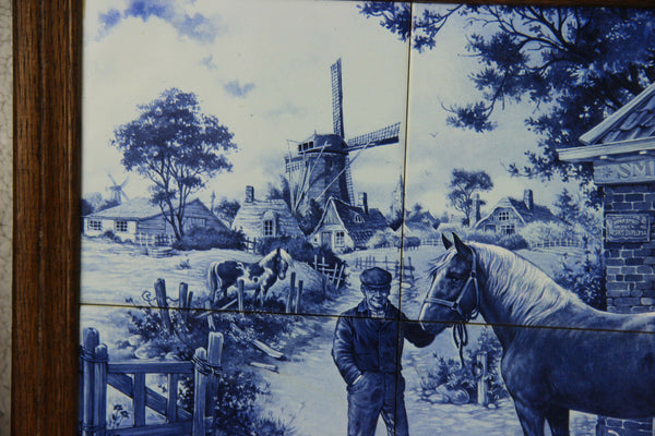 Vintage DELFT blue white pottery tiles panel plaque frame farrier horses