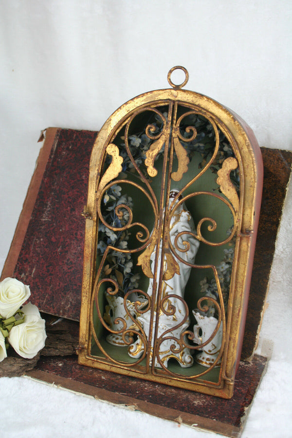 Antique 1925 old paris madonna porcelain in shrine chapel matching vases silk fl