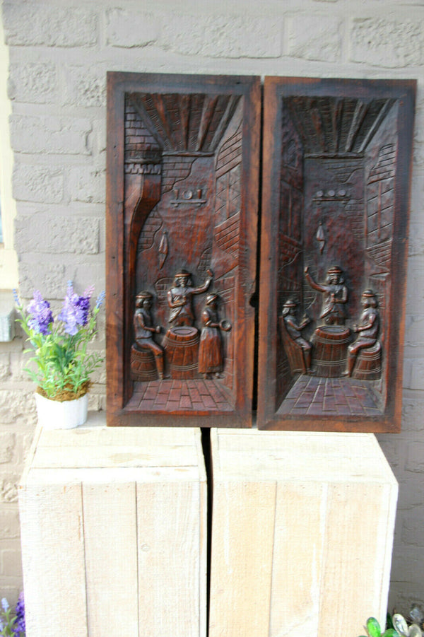 Antique French pair breton wood carved cabinet panels