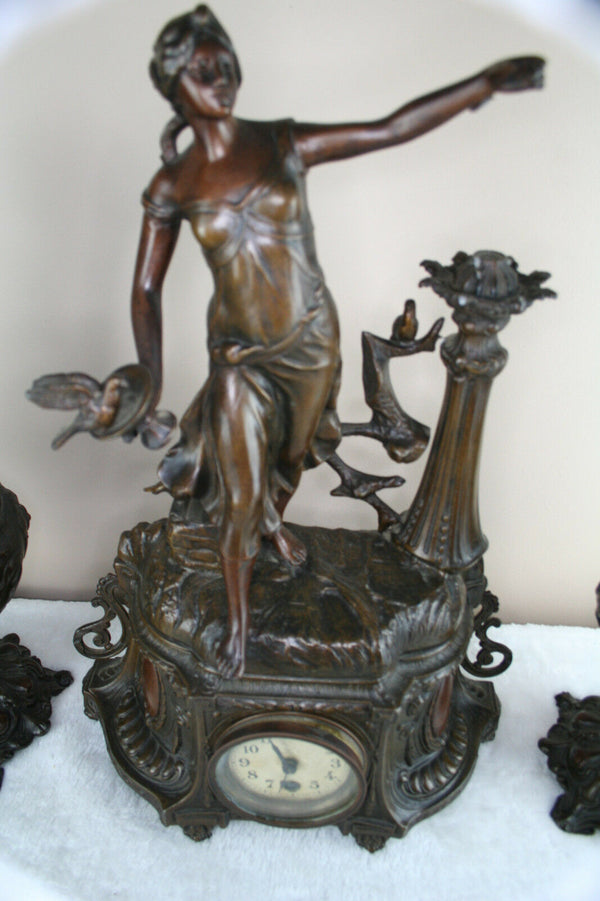 French spelter bronze Clock set Vases urns garniture 1960's art nouveau lady fig