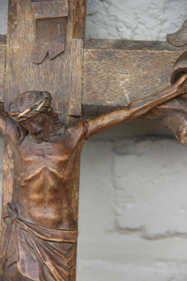 Antique French Neo gothic wood carved wall crucifix cross Religious