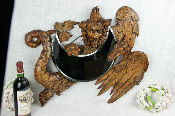 Large Antique French Wood carved dragon gothic head mirror sickle Attr. VIARDOT