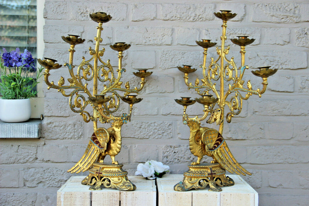Rare XL Antique Religious Altar church Candelabras gothic dragon  enamel
