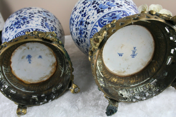 PAIR 1900 Delft Boch pottery Vases with birds bronze frames satyr devil heads