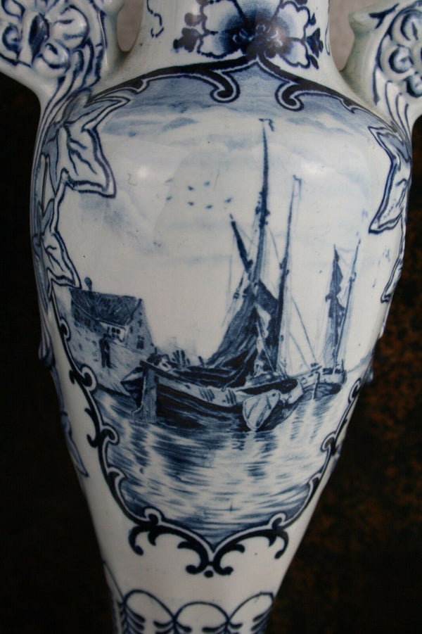 PAIR vtg 1950's Delft decor pottery Vases Mill Sailing boat scenes