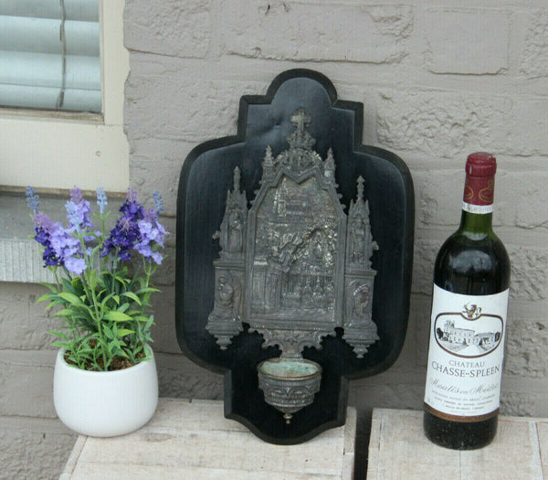 Large Antique neo gothic religious holy water font saints madonna on wood plaque