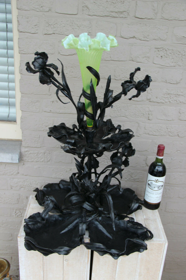Huge Art nouveau Wrought iron Centerpiece table vase uranium glass Van Boeckel