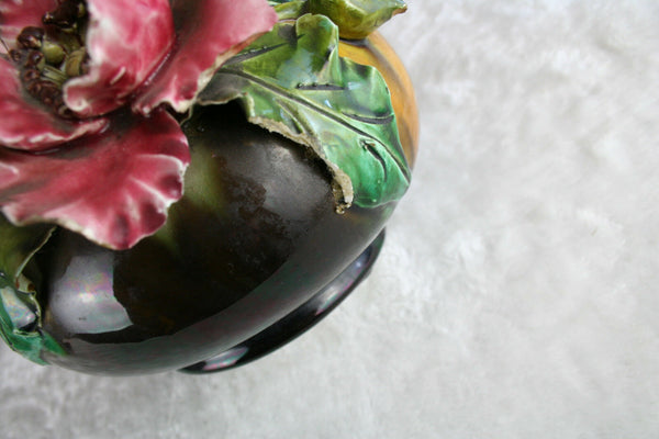 PAIR Art nouveau barbotine majolica floral decor Vases 1900 French