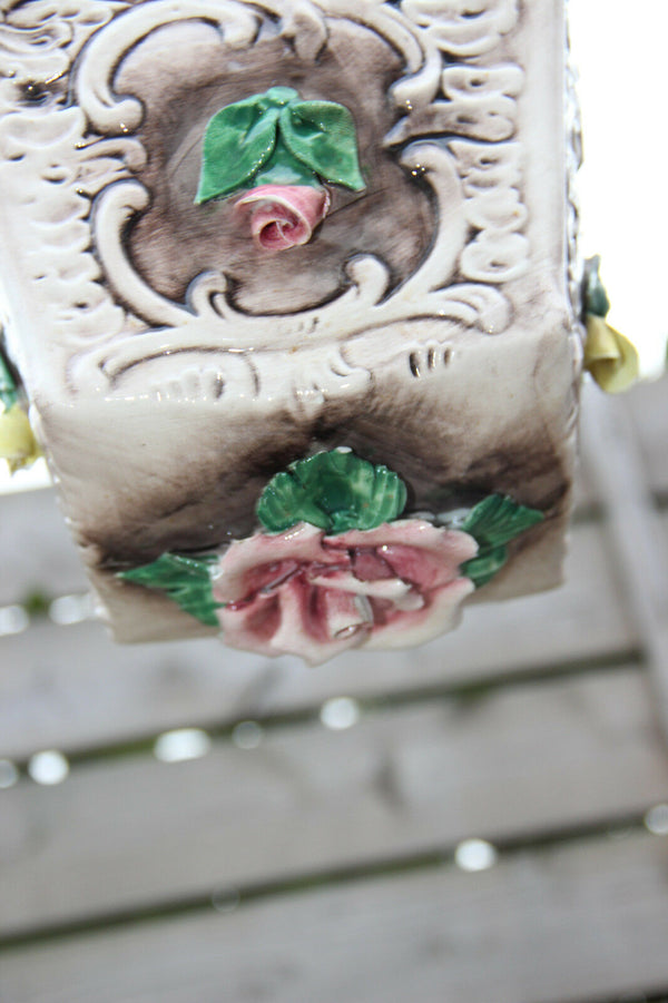Rare Cute vintage faience Angel putti hang planter jardiniere 1960 Floral roses