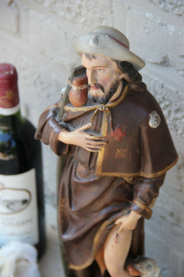 RARE antique Religious SAINT ROCH dog Statue Church Plaster polychrome  1930