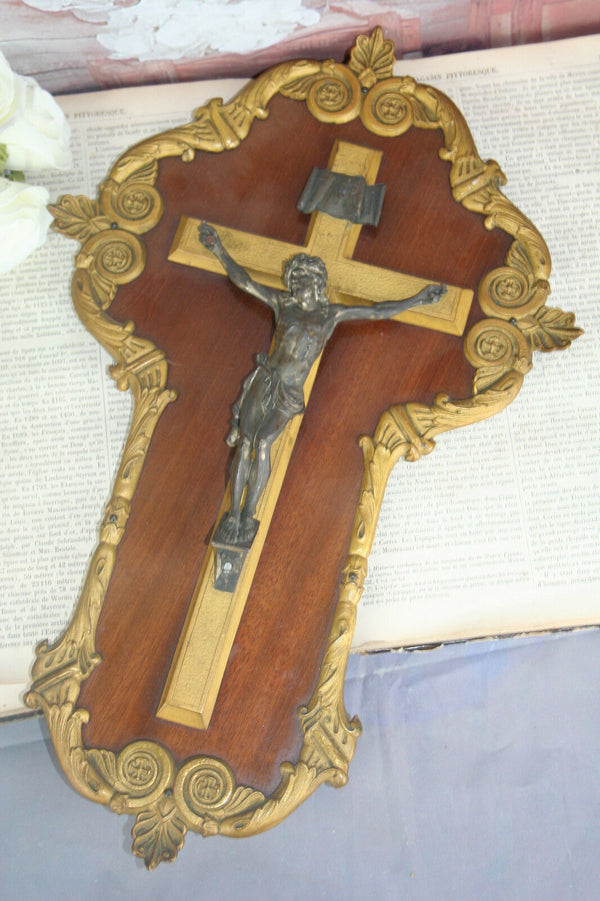 French antique crucifix brass metal wood copper wall plaque napoleon II religiou