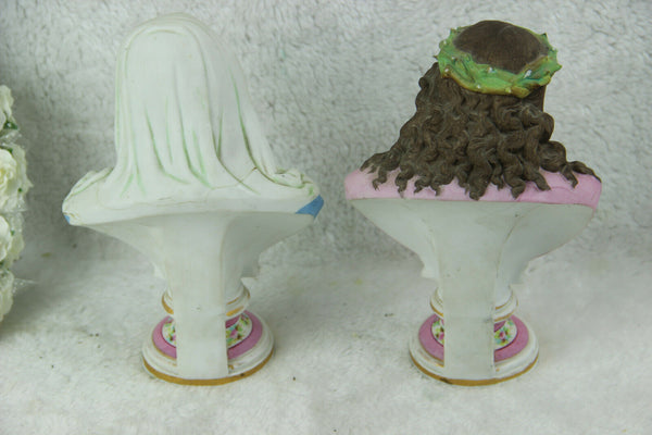 PAIR Antique VIEUX ANDENNE porcelain buste JESUS Mary Statue religious