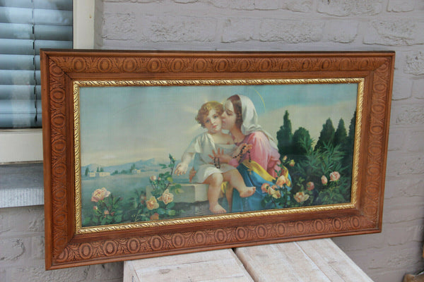 Huge Antique French Religious chromo Litho Madonna Jesus baby Framed