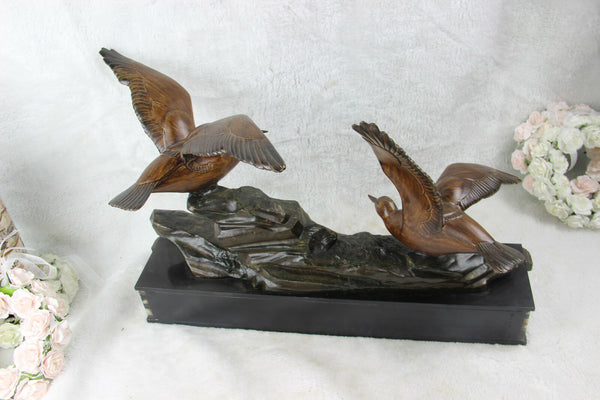Large French 1930 art deco marble spelter bronze birds statue sculpture