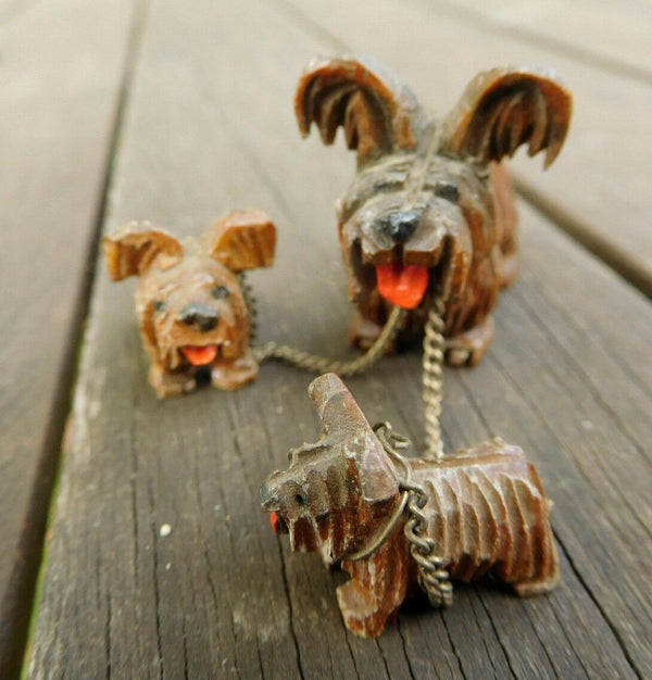 Cute Black forest Wood carved terrier dog family puppy 1950 figurines