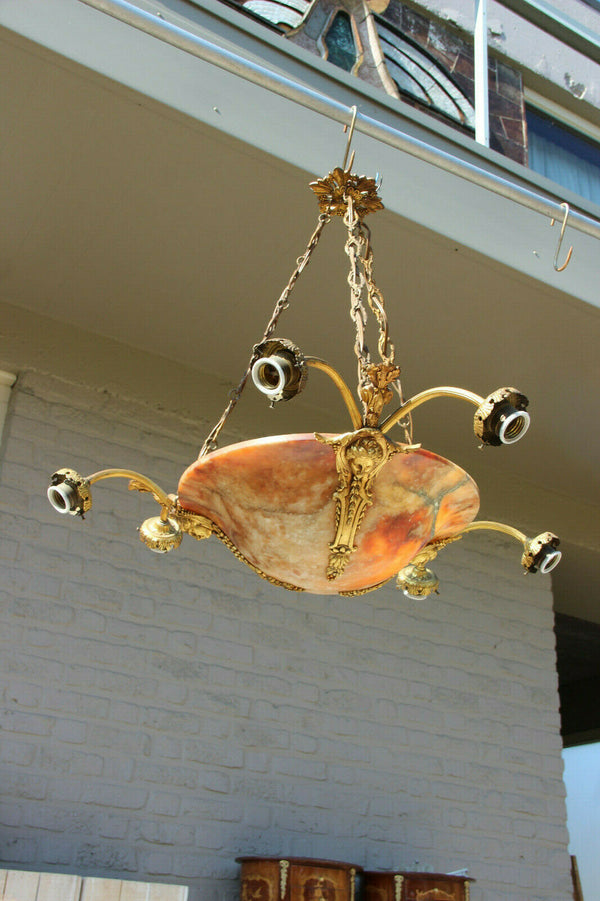 Antique French alabaster amber bowl Caryatid bronze portrait head chandelier