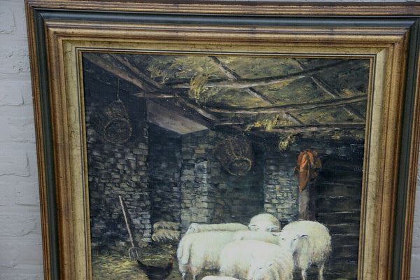 Flemish Animal sheep chicken farm scene oil canvas painting 70s signed