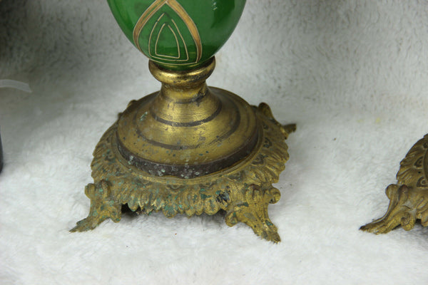 PAIR French antique Faience porcelain Green art nouveau cassolettes vases