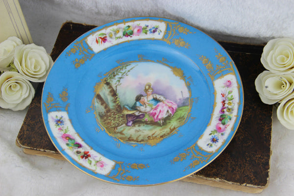 Antique French Sevres porcelain marked romantic victorian scene plate