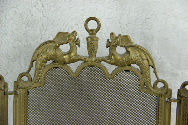 Antique French Brass metal Dragon gothic fireplace screen foldable