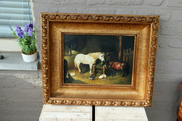 Vintage flemish oil panel painting horses duck farm scene equestrian