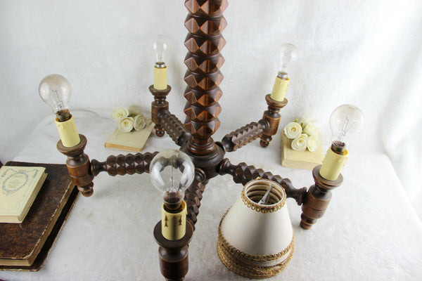 French art deco Wood carved 5 arms chandelier barley twist geometric design rare