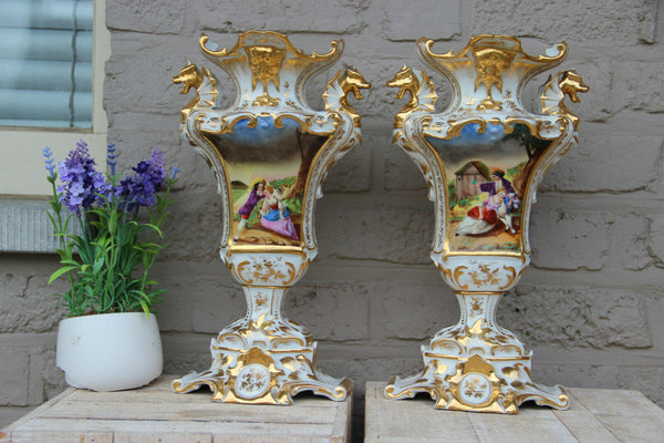 PAIR Antique 19thc Vieux paris porcelain Vases dragon gothic victorian rare