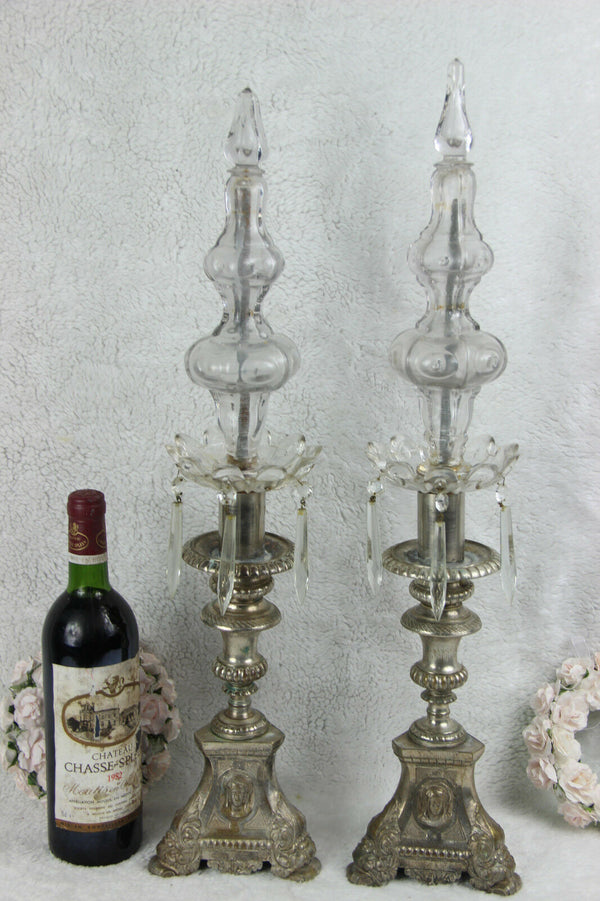 PAIR antique religious Bronze Candlesticks church crystal glass portrait heads