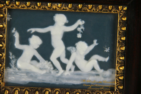 Antique Limoges porcelain plaque framed signed CHAUFRIASSE putti