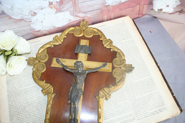 French antique crucifix brass metal wood copper wall plaque napoleon II religiou