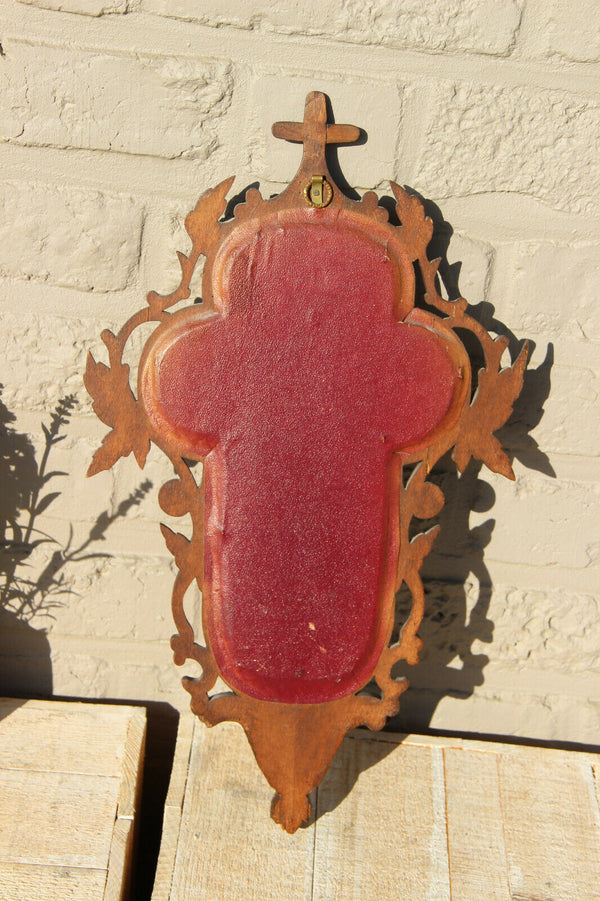 Rare Antique Black FOREST wood carved crucifix meerschaum holy water font