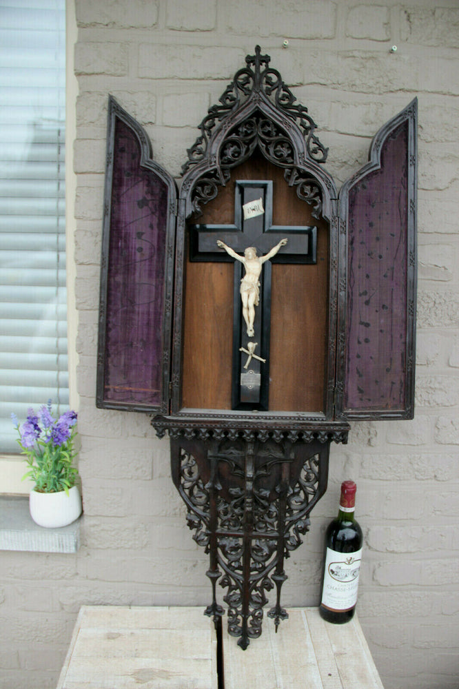 Huge 43" Wood carved Gothic Church wall chapel religious Crucifix Cross antique