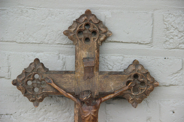 Antique French Neo gothic wood carved wall crucifix cross Religious