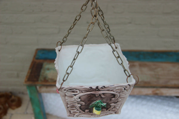 Rare Cute vintage faience Angel putti hang planter jardiniere 1960 Floral roses