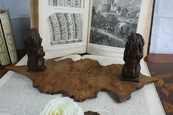 Black forest folk art Wood carved Book ends lions German 1900 antique