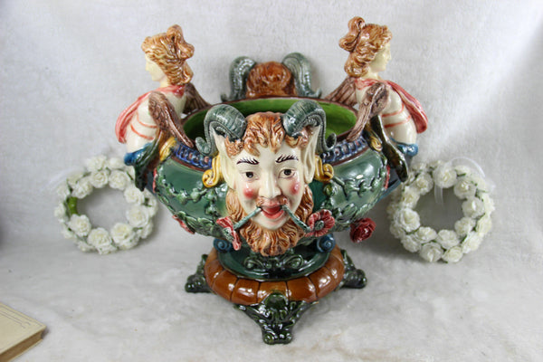 Stunning XXL Satyr caryatid heads Barbotine Majolica Planter jardiniere Vintage