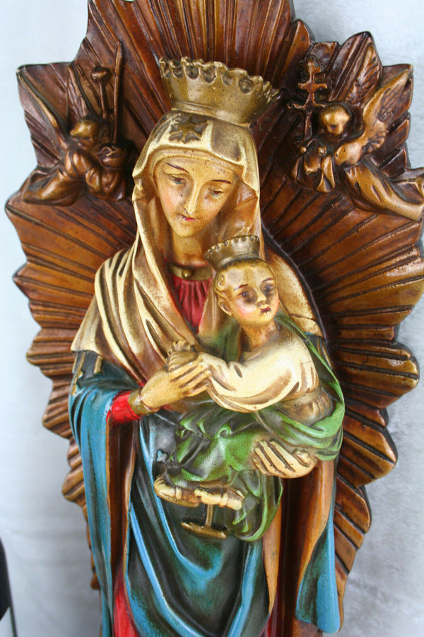 Antique XL French Madonna with child angel cherubs plaster polychrome statue