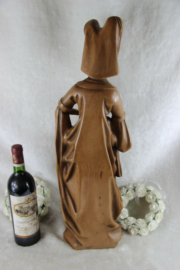 Antique LARGE Wood carved religious statue MAry of Burgundy signed