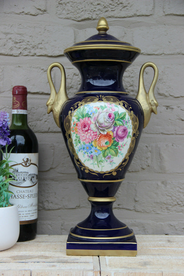 French cobalt blue limoges porcelain hand paint floral Vase swan handles
